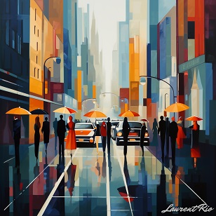 Geometric style painting - Rain Over the City